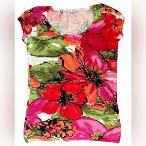 Vintage Cache Bold Floral‎ Beaded Cap Sleeve Sweater Top Small Vibrant